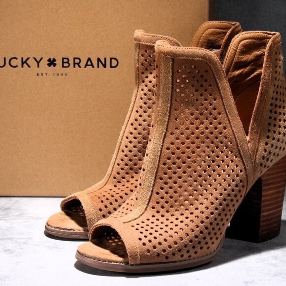 Lucky Brand Tan Suede Perforated Peep-Toe Block Heel Booties